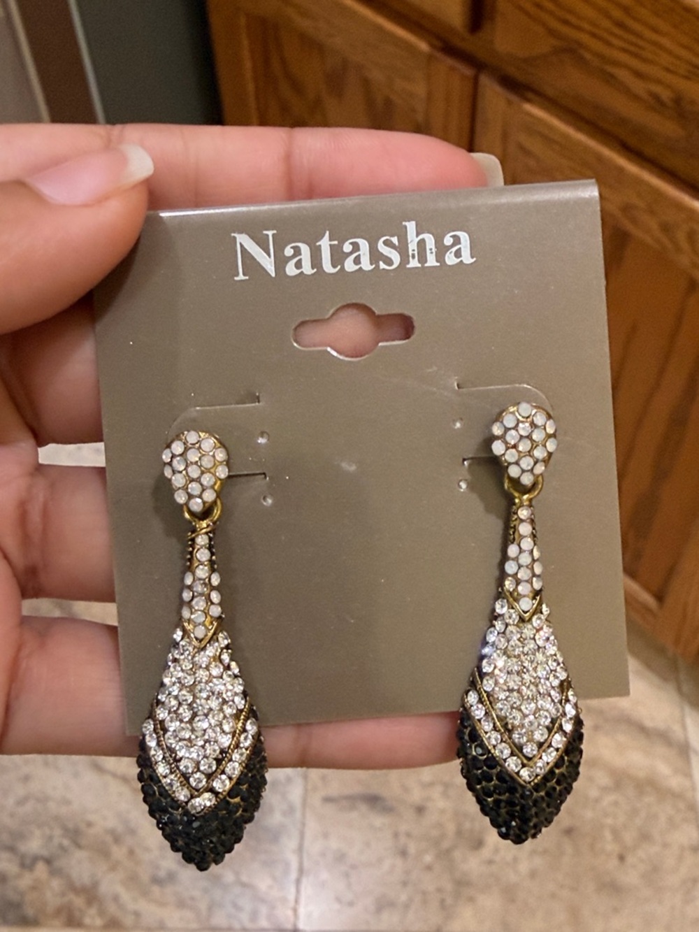 Natasha Couture Black and Gold Crystal Teardrop Earrings